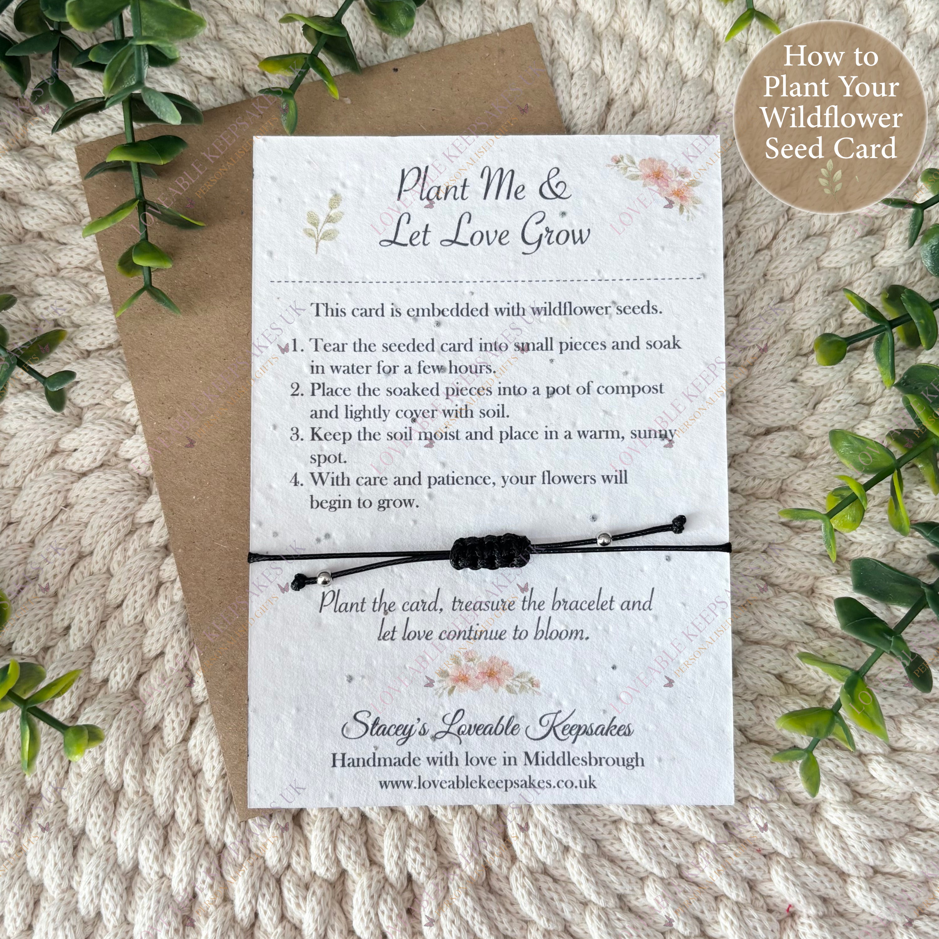 Robin wish bracelet displayed on plantable wildflower seed card sympathy gift
