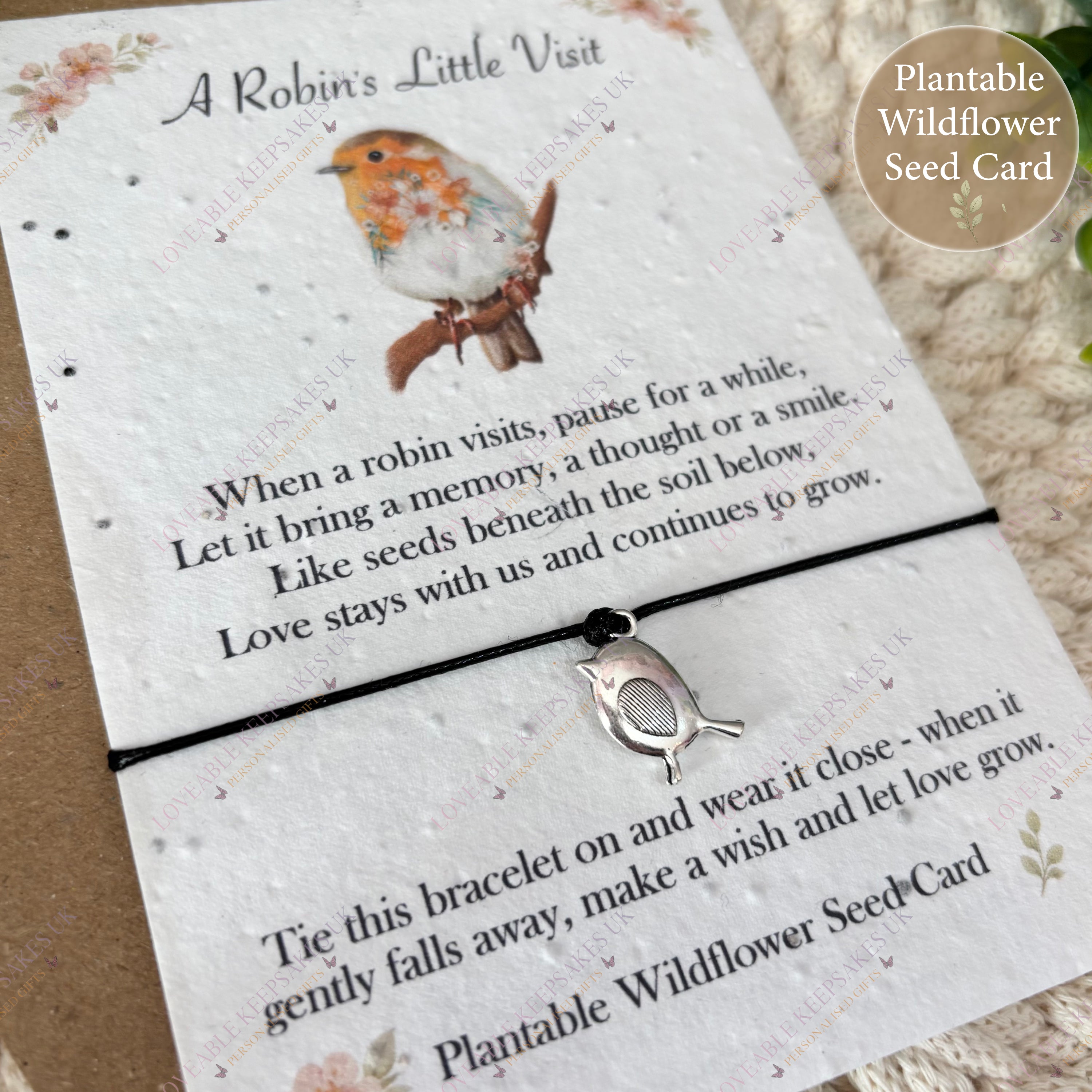 Robin charm wish bracelet attached to plantable wildflower seed card keepsake