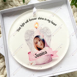 Personalised pink angel wings candle bauble in white gift box, photo memorial ornament handmade in the UK.