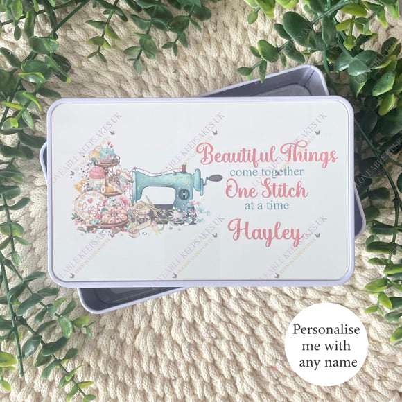 Personalised Storage Tin, Sewing Machine Threads Needles Organiser,  White Rectangular Metal Tin, Gift For Her, Haberdashery Gifts