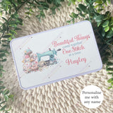Personalised Storage Tin, Sewing Machine Threads Needles Organiser,  White Rectangular Metal Tin, Gift For Her, Haberdashery Gifts