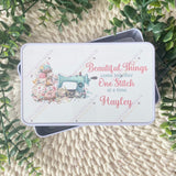 Personalised Storage Tin, Sewing Machine Threads Needles Organiser,  White Rectangular Metal Tin, Gift For Her, Haberdashery Gifts