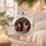 Silver personalised photo Christmas bauble with pet photograph hanging on a Christmas tree