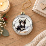 Silver personalised pet photo Christmas bauble with Chihuahua photograph and gold hanging cord
