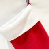 Back view of handmade memory patchwork Christmas stocking in red and white fleece, fully lined and crafted to high quality.