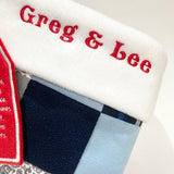 Personalised embroidery detail showing Greg & Lee stitched on white fleece cuff of memory patchwork Christmas stocking.
