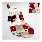 Personalised patchwork Christmas stocking made from baby clothes, red and cream memory stocking with name embroidered, handmade keepsake