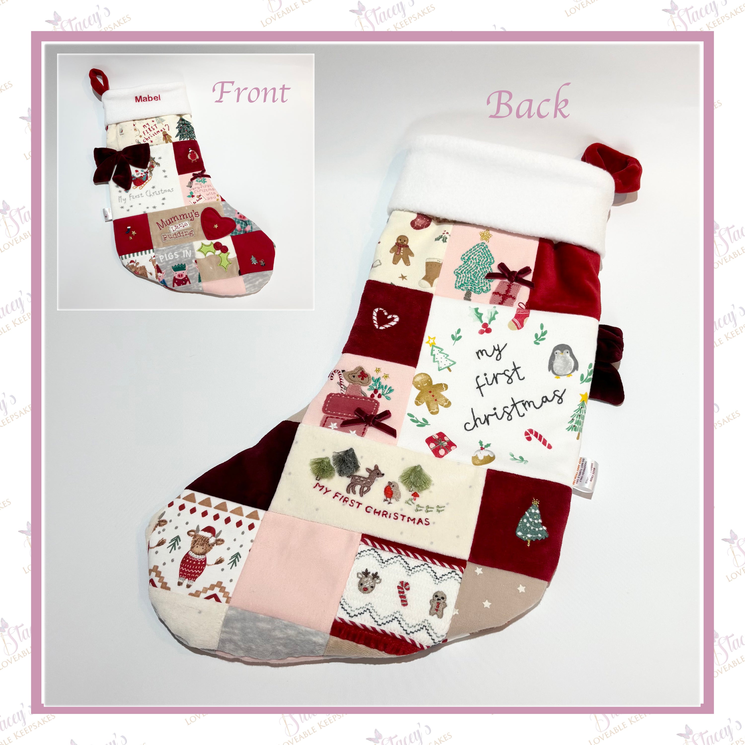 Double sided baby clothes memory Christmas stocking handmade from baby outfits front and back view