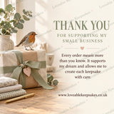 Loveable Keepsakes thank you image featuring a robin and wrapped gift, thanking customers for supporting a small UK business.