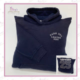 Personalised school leavers cushion made from a navy hoodie with “Park End Leaver 2025” embroidery, handmade memory keepsake from clothing