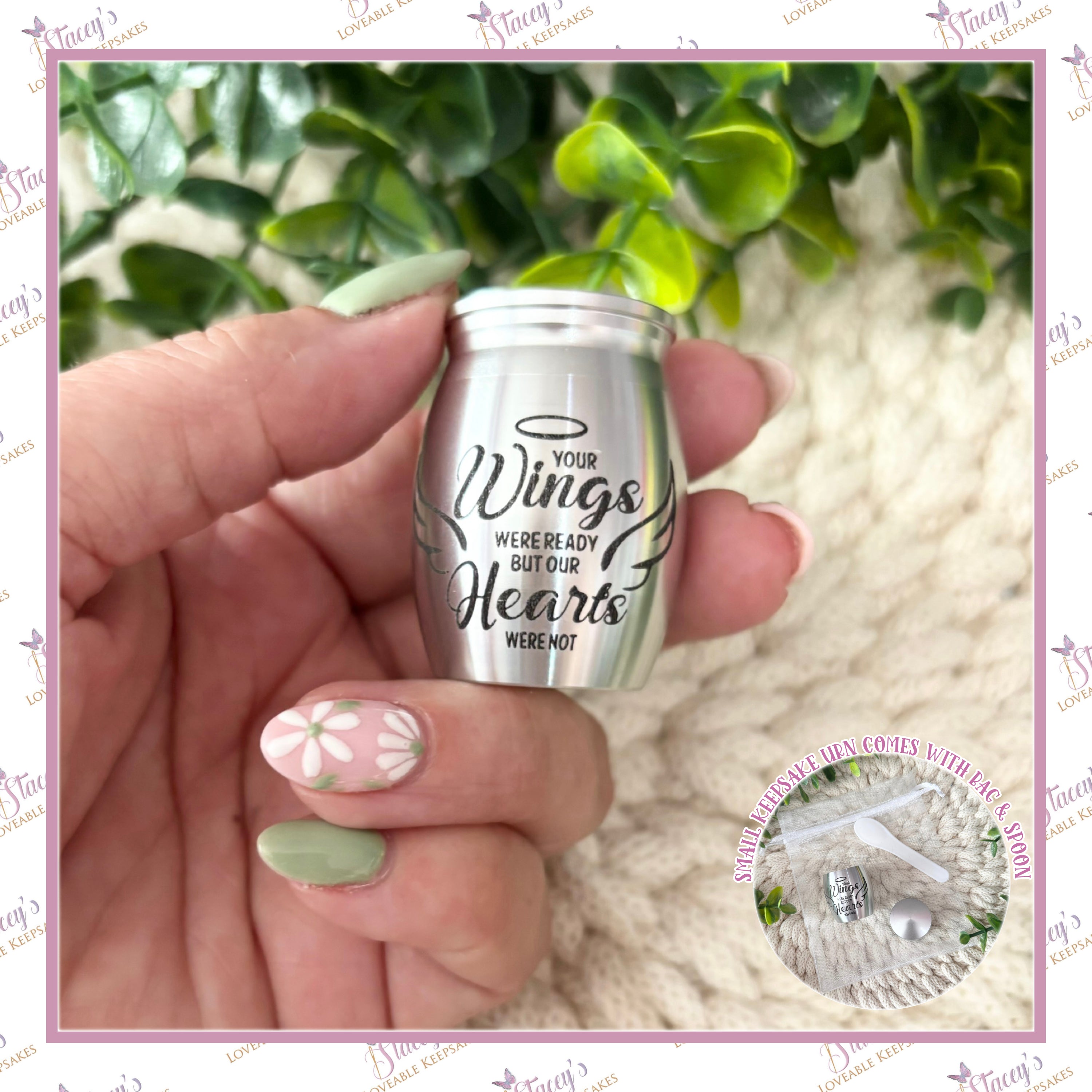 Small silver keepsake urn for human or pet ashes, supplied with a filling spoon and protective drawstring bag