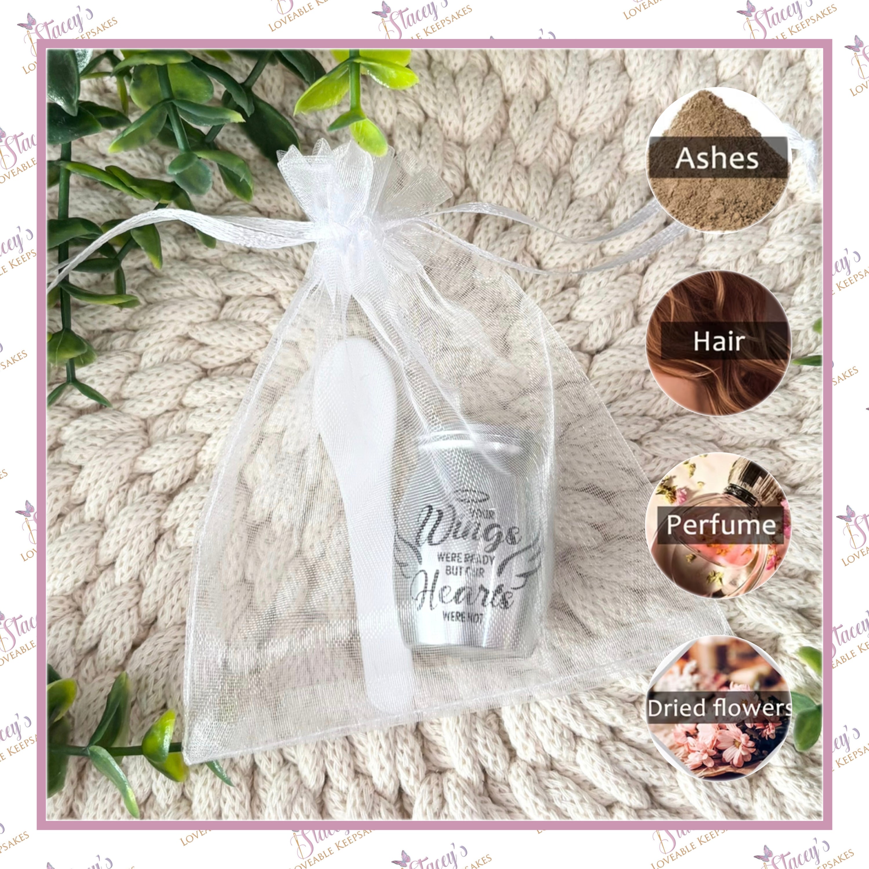 Small silver memorial keepsake urn with bag and spoon, suitable for holding ashes, hair, perfume or dried flowers