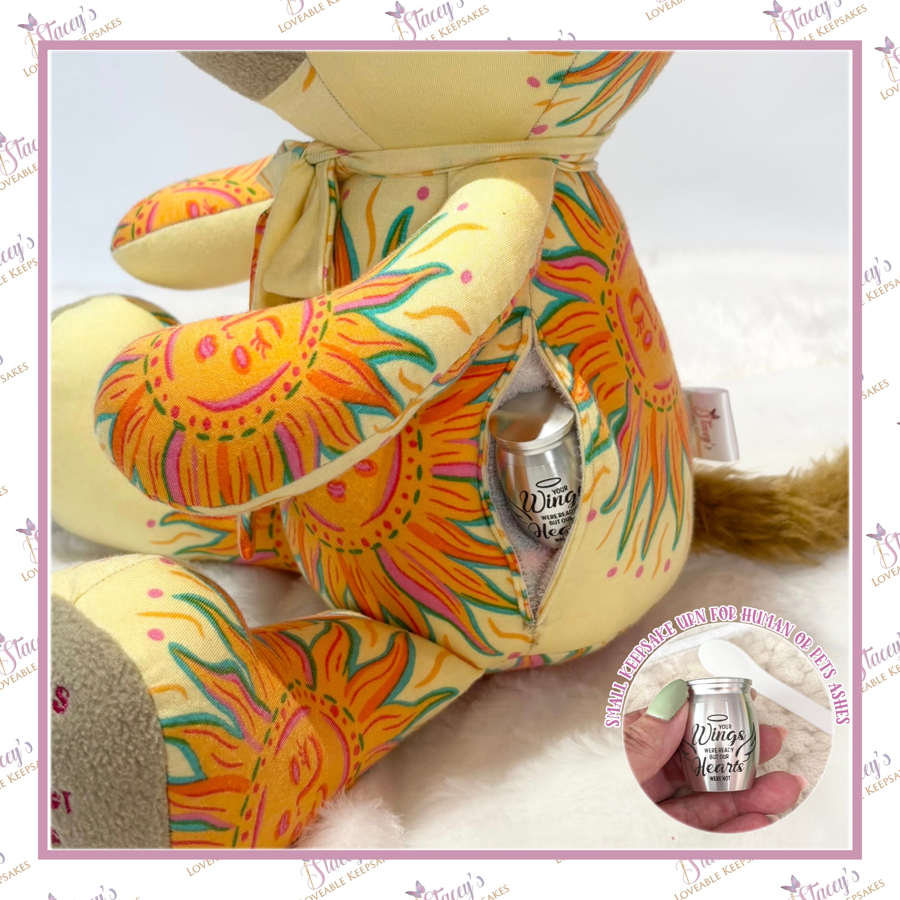 Small ashes urn placed securely inside a handmade memory bear or keepsake animal made from loved one’s clothing