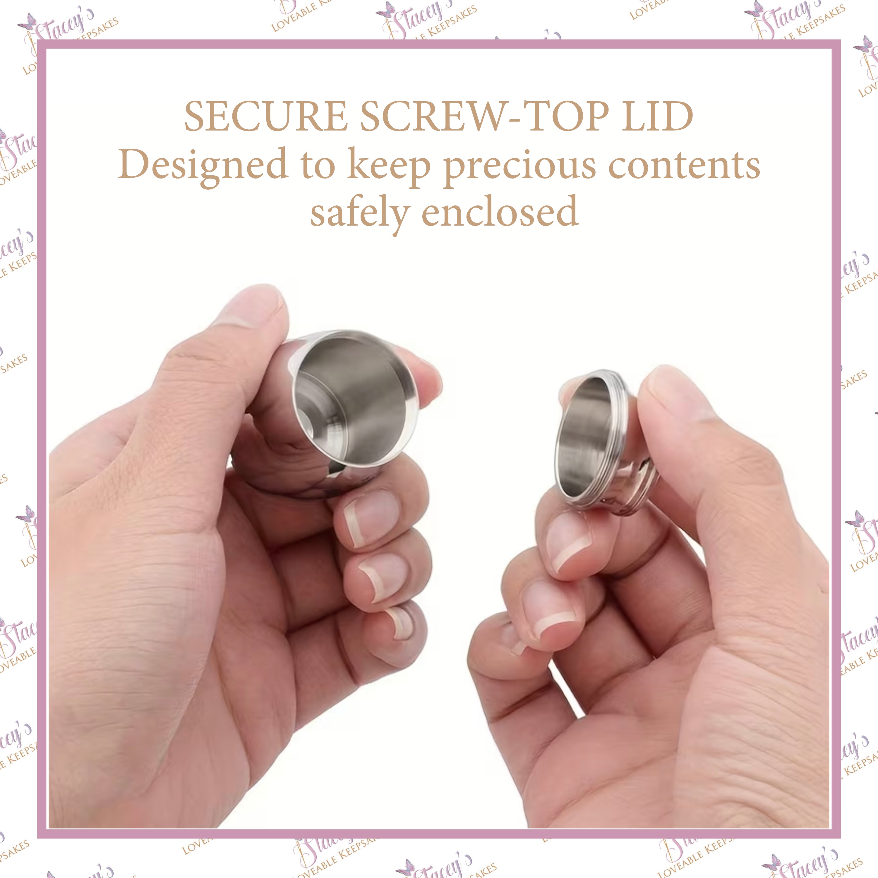 Open mini keepsake urn showing the secure screw-top lid designed to safely enclose ashes or other precious contents