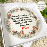 Close-up of robin wreath remembrance bauble displayed in white gift box, featuring memorial verse and personalised with Mum.