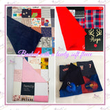 Examples of handmade patchwork memory blankets finished with beautifully soft anti-pill fleece backing, available in a choice of colours to complement your keepsake blanket.
