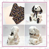 Collage showing the floral top and front, side and back views of the finished memory bunny.