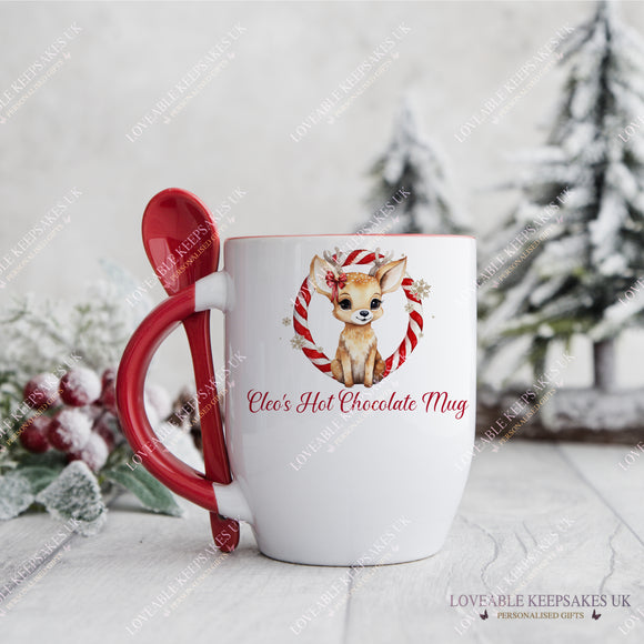 Personalised Christmas Mug, Reindeer Candy ￼Wreath Mug, Stocking Filler Gift For Kids, Christmas Eve Box ￼ ￼￼