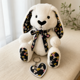 Matching memory heart keyring and handmade bunny keepsake created from the same loved one’s floral clothing.