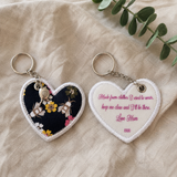 Both sides of a personalised memory heart keyring made from treasured floral clothing with a printed message on the reverse.