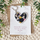 Memory heart keyring presented on a personalised keepsake backing card with ribbon, wording and Loveable Keepsakes branding.