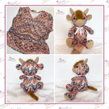 Small Memory Highland Cow keepsake handmade from loved one's patterned clothing, showing the original garment and finished keepsake from front, side and back