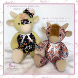 Small and standard Memory Highland Cow keepsakes showing size comparison, approximately 10 and 12.5 inches seated
