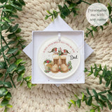 Personalised acrylic robin remembrance bauble displayed in a white gift box – printed with robins, floral boots design, and comforting memorial quote, remembrance keepsake for Christmas or all year round.