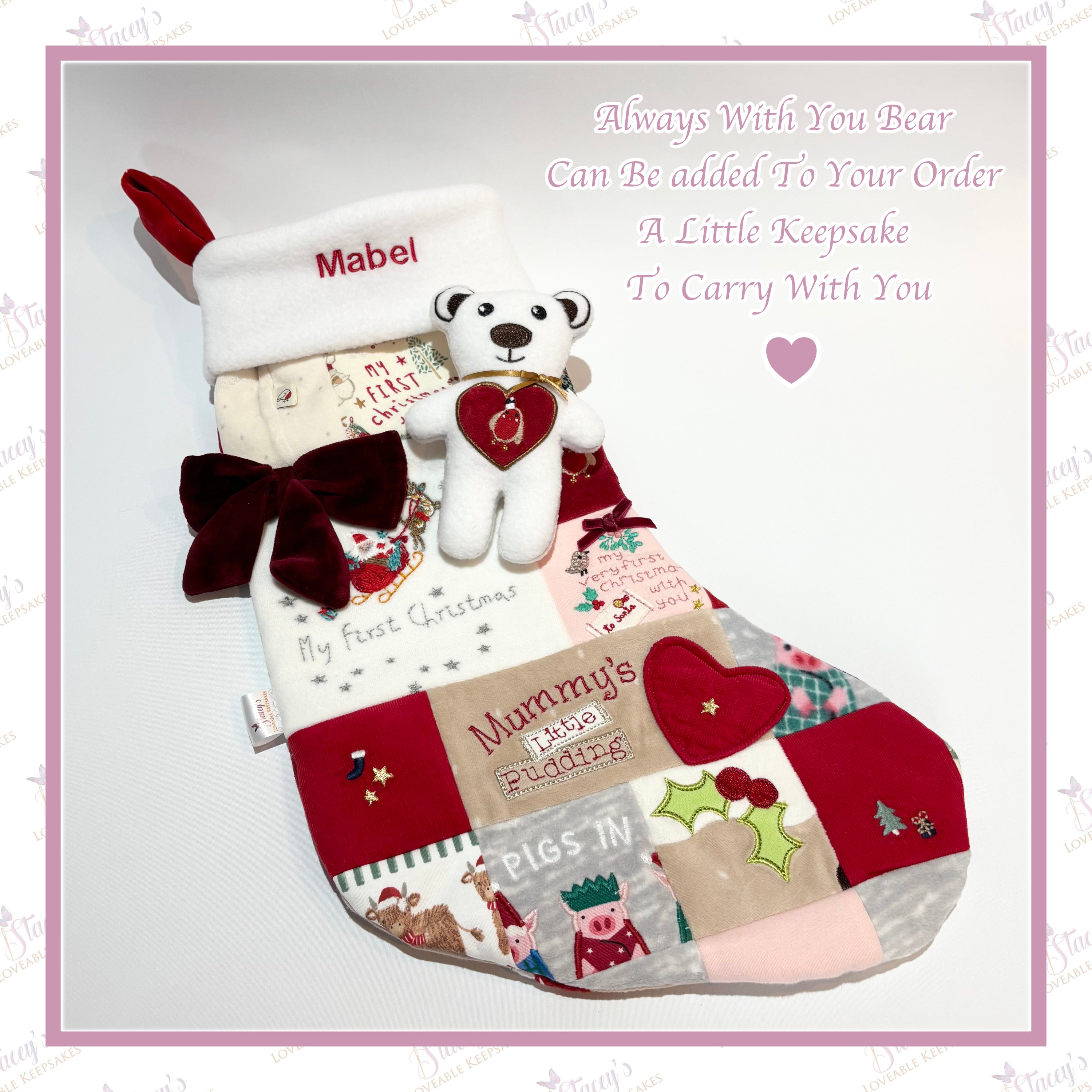Personalised baby clothes Christmas stocking with optional Always With You mini keepsake bear add on