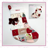 Personalised baby clothes Christmas stocking made from first Christmas outfits with name embroidered on cuff