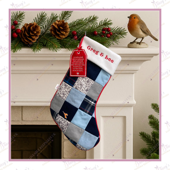Handmade memory patchwork Christmas stocking made from loved one’s clothing, featuring embroidered name and robin detail, displayed on white fireplace with festive garland and pinecones.