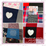 Personalisation options for handmade patchwork memory blankets, including embroidered wording, printed photo panels, fabric heart patches and recreated handwriting keepsakes.