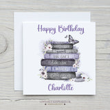 Personalised Birthday Card - Positivity Affirmations Purple Floral Butterfly Book Stack