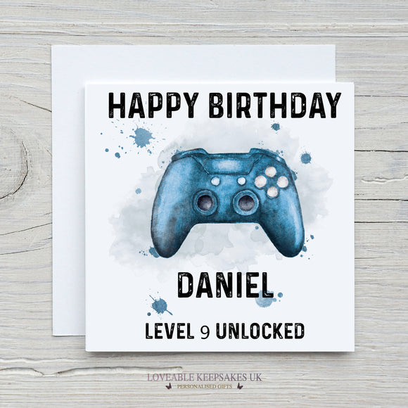 Personalised Gamer Birthday Card - Blue Controller Level Unlocked