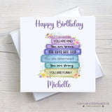 Personalised Birthday Card - Positivity Affirmations Rainbow Book Stack