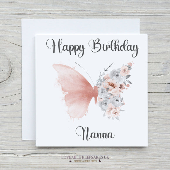 Personalised Birthday Card - Pink Floral Butterfly