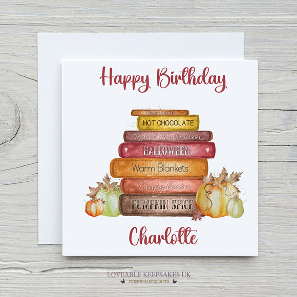 Personalised Birthday Card - Positivity Affirmations Autumn Book Stack