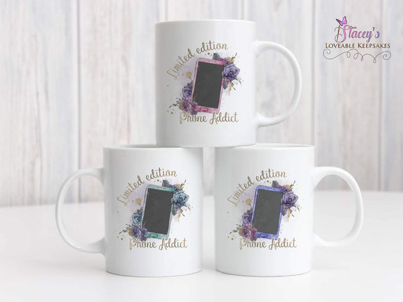 Personalised Limited Edition Phone Addict Mug, Pink Purple or Green Mug, Birthday Gift, Limited Edition Gift, Christmas Eve Box
