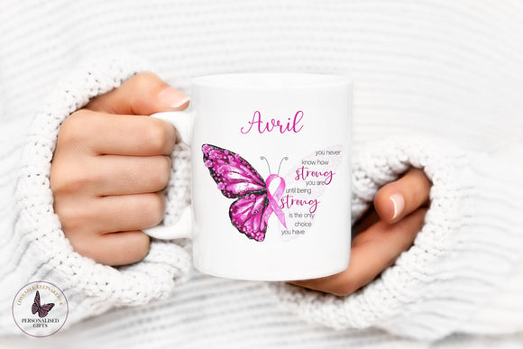 Personalised Pink Butterfly Mug, Positivity Gift For Her, Cancer Awareness Gifts