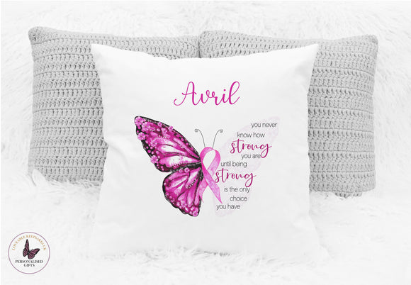 Personalised Cancer Awareness Cushion, Pink Ribbon Butterfly Pillow, Inspirational Sayings Pillow, Motivational Freind Gifts, Birthday Gift