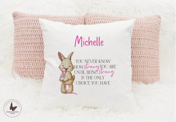 Personalised Cancer Awareness Cushion, Pink Ribbon Mascot Pillow, Inspirational Sayings, Motivational Friend Gifts, Birthday Gifts