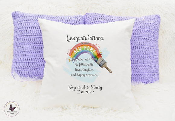 New Home Congratulations Personalised Cushion, Unique Housewarming Gift, His And Her Gifts, Keepsake Rainbow Pillow