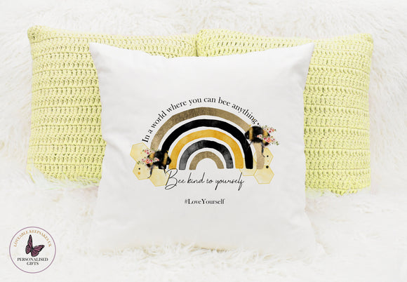 Personalised Bee Kind Rainbow Cushion, Rainbow Bee Gifts, Motivational Freind Gifts, Birthday Gifts