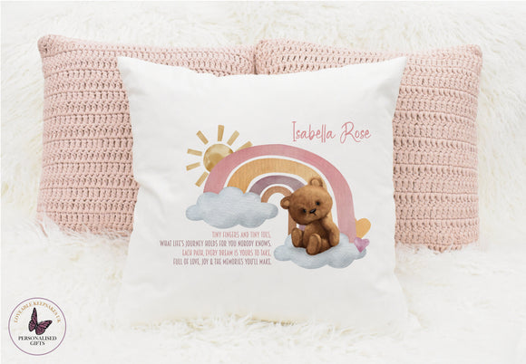 Personalised New Baby Cushion, Welcome To The World Cushion, Rainbow Teddy Gifts, Christening Present