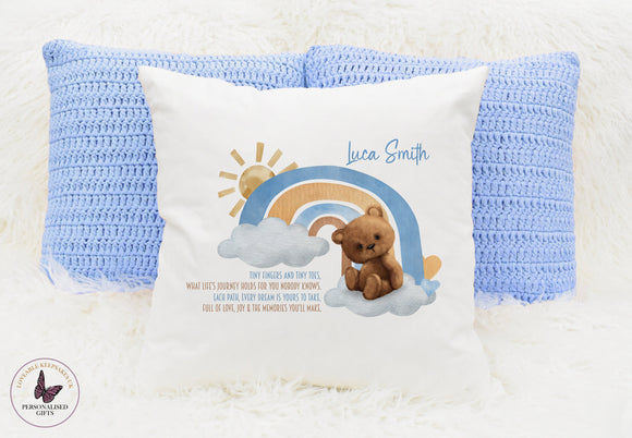 Personalised New Baby Cushion, Welcome To The World Cushion, Rainbow Teddy Gifts, Christening Present
