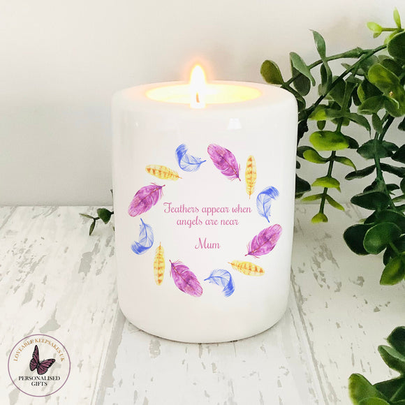 Personalised Remembrance Candle, Memorial Candle Holder, Feathers Appear When Angels Are Near, Tea light Holder, In Loving Memory Gifts