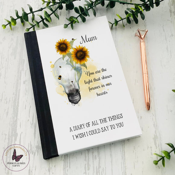 Letters To Heaven Notebook, Personalised Journal, Forever In Our Hearts, Memorial Gift, Sunflower Bee Book, Condolences Gifts