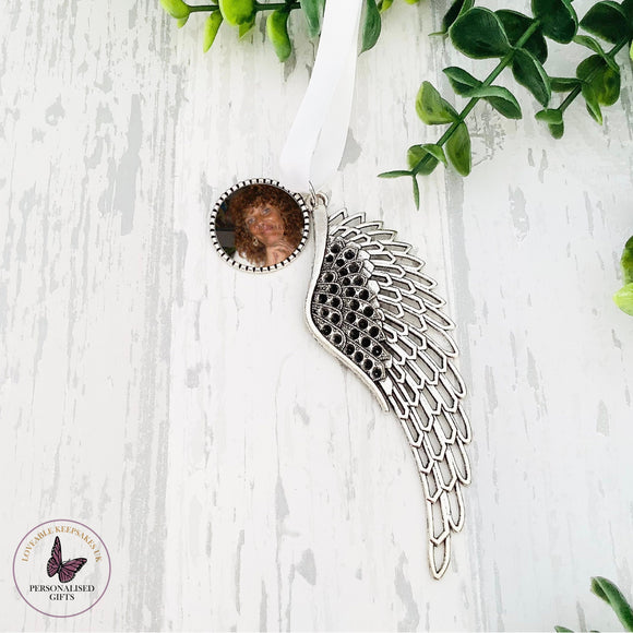 Personalised Photo Angel Wings Decoration,  Bridal Bouquet Charm, Christmas Tree Hanging Ornament, Remembrance Gift, Keepsake Photo