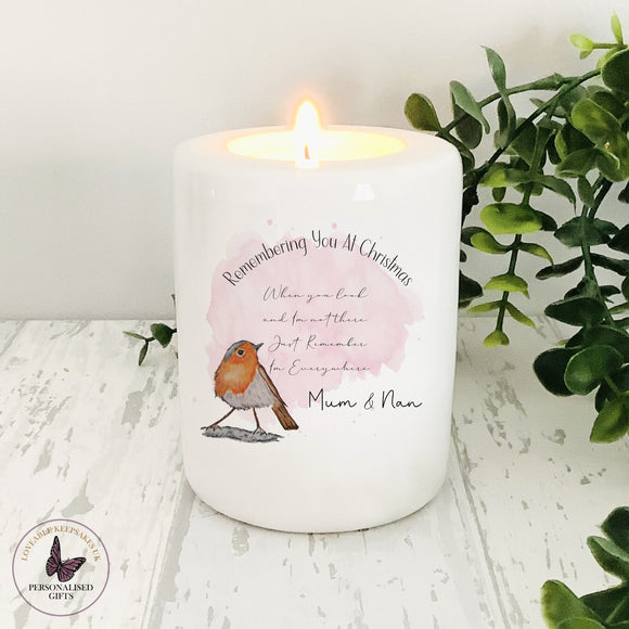 Personalised Remembrance Candle, Remembering You At Christmas, Candle Holder, Tea light Holder, In Loving Memory Gifts, Red Robbin