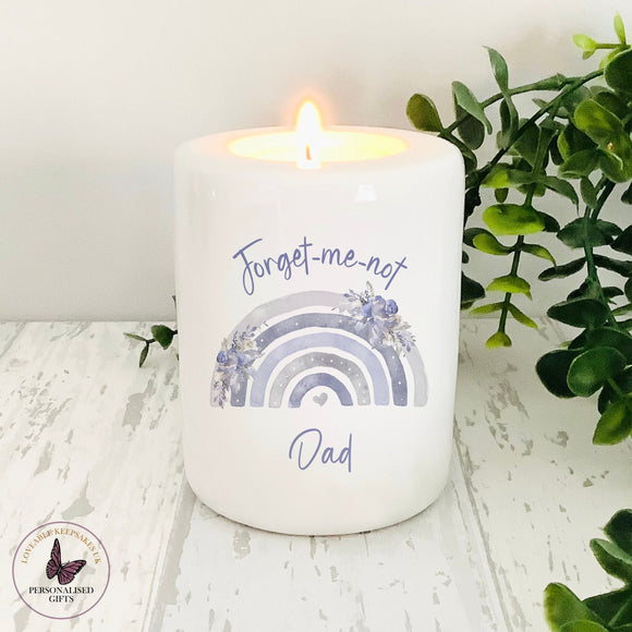 Personalised Remembrance Candle, Forget Me Not, Candle Holder, Tea light Holder, In Loving Memory Gifts, Purple Floral Rainbow